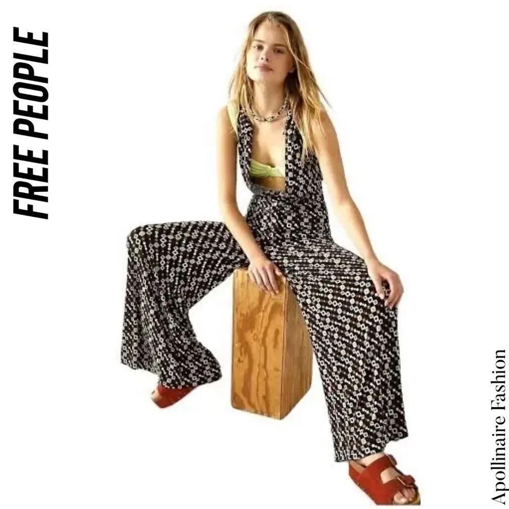 FREE PEOPLE SHAYLA HALTER JUMPSUIT IN BLACK COMBO SMALL NWT